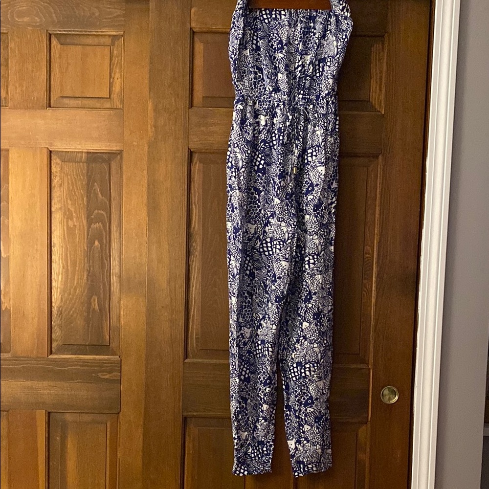 Lilly Pulitzer for Target navy white upstream fish print strapless jumpsuit sm